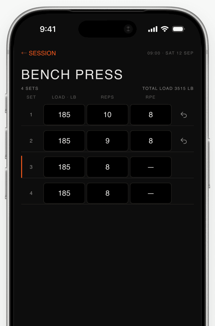 OneMore Active Lift editable set table shown in an approved iPhone frame.