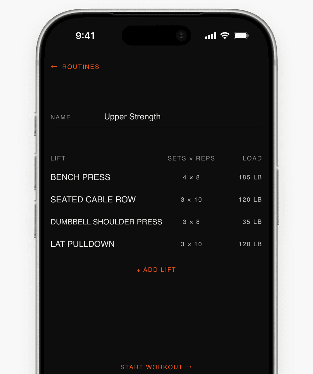 OneMore saved Upper Strength routine shown in an approved iPhone frame.