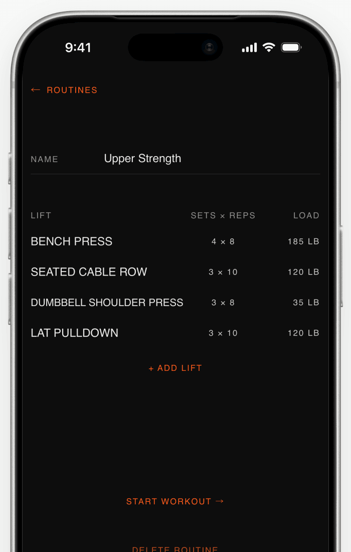 OneMore saved Upper Strength routine shown in an approved iPhone frame.