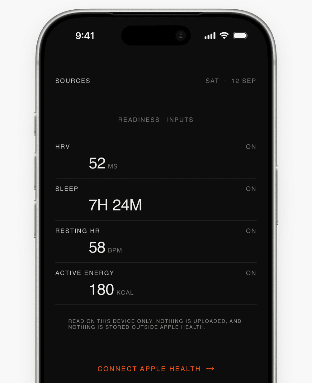 OneMore Sources screen shown in an approved iPhone frame with demonstration input provenance.