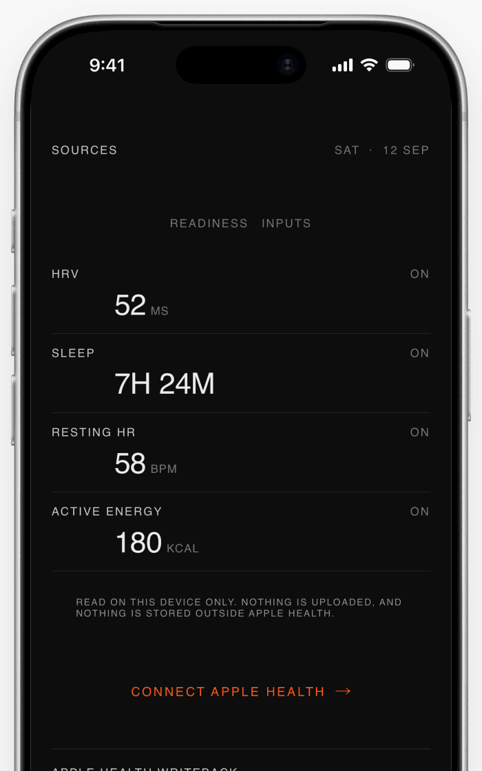 OneMore Sources screen shown in an approved iPhone frame with demonstration input provenance.